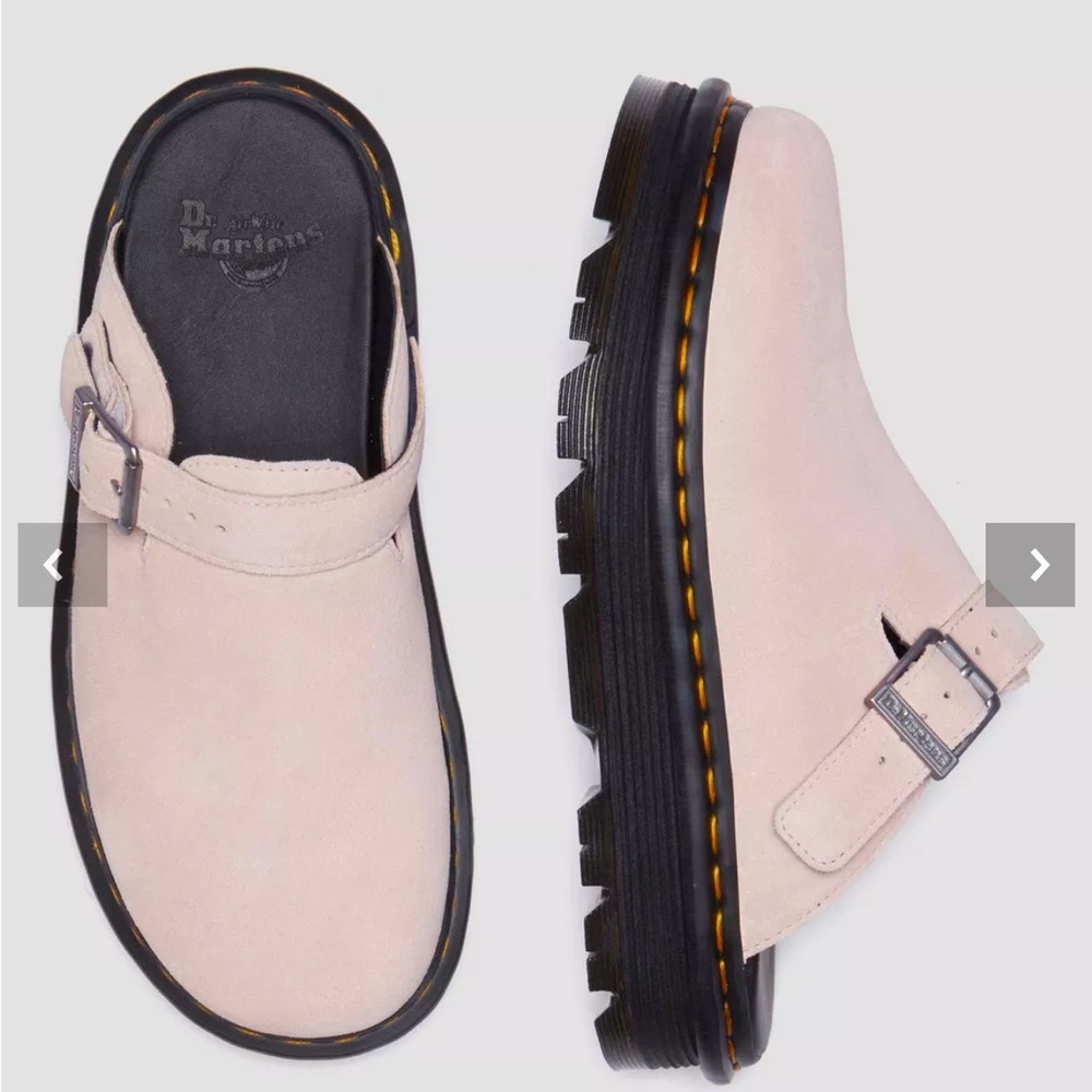 Dr. Martens Women's Pale Pink Suede Buckle Clog Mule